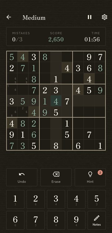 The game board in dark mode