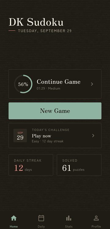 The home screen in dark mode, with today's challenge and streak